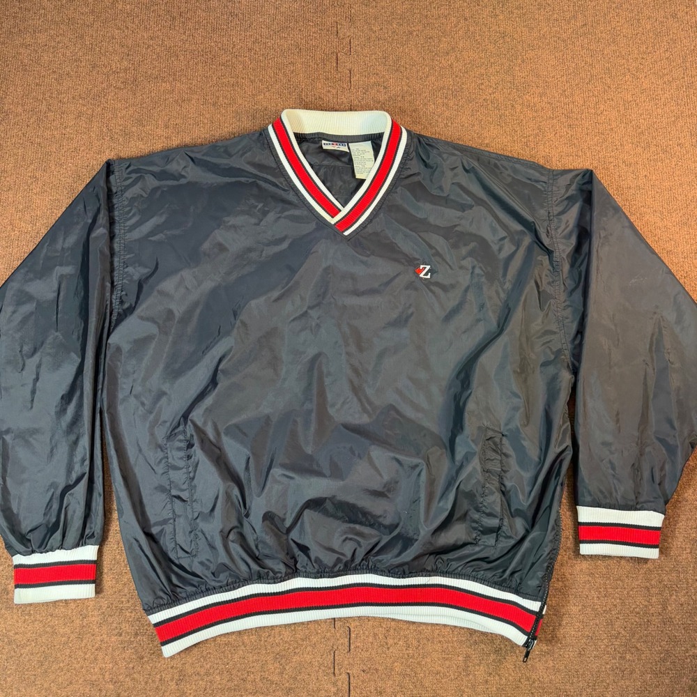 Jerzees Windbreaker Pullover Mens XL Navy Blue Red White OSU Colors V-Neck Vtg